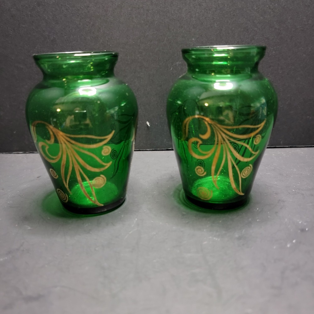 Vintage Anchor Hocking Forrest Green Bud Vase With‎ Gold Leaf Design Setof 2